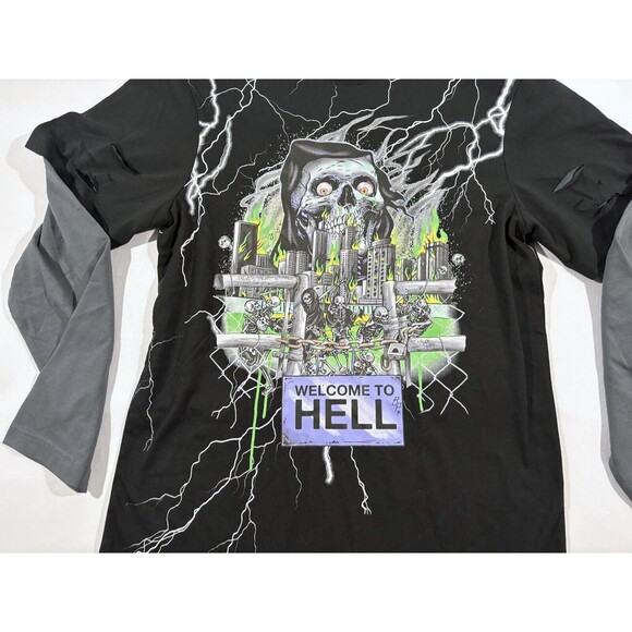 Broken Promises Welcome to Hell Graphic Print Long Sleeve T-Shirt Black Men XS - Picture 4 of 10